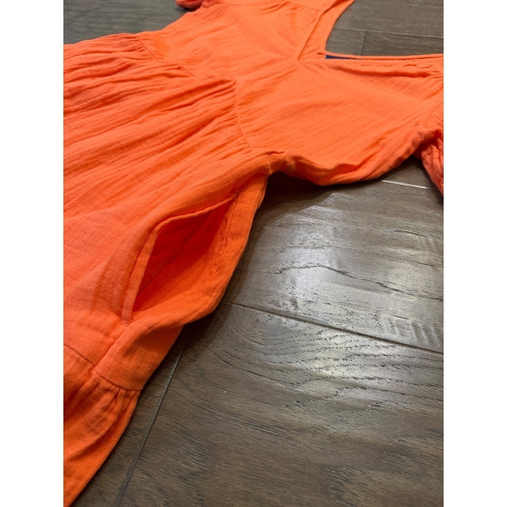 Gap Orange Cotton Double Gauze Puff Sleeve Tiered Mini Dress Small V-Neck Pocket - Picture 4 of 8